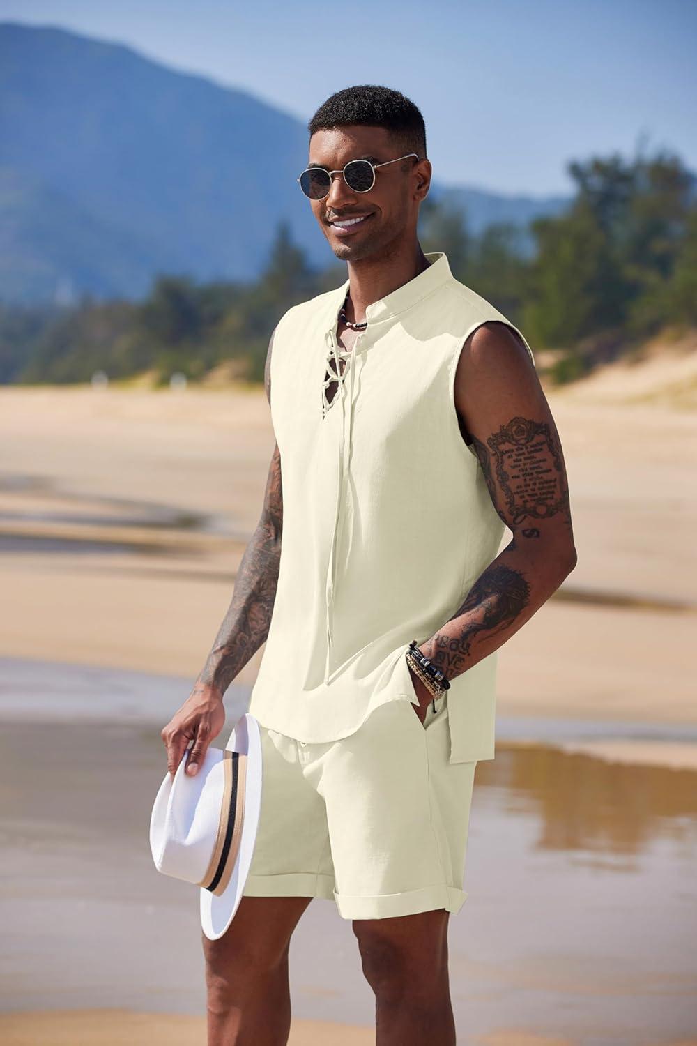 imageCOOFANDY Mens Linen Sets 2 Piece Beach Outfits Lace Up Hippie Tank Tops Summer Casual Sleeveless Shirts Matching Shorts SetBeige