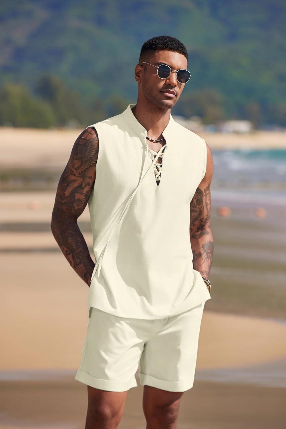 imageCOOFANDY Mens Linen Sets 2 Piece Beach Outfits Lace Up Hippie Tank Tops Summer Casual Sleeveless Shirts Matching Shorts SetBeige