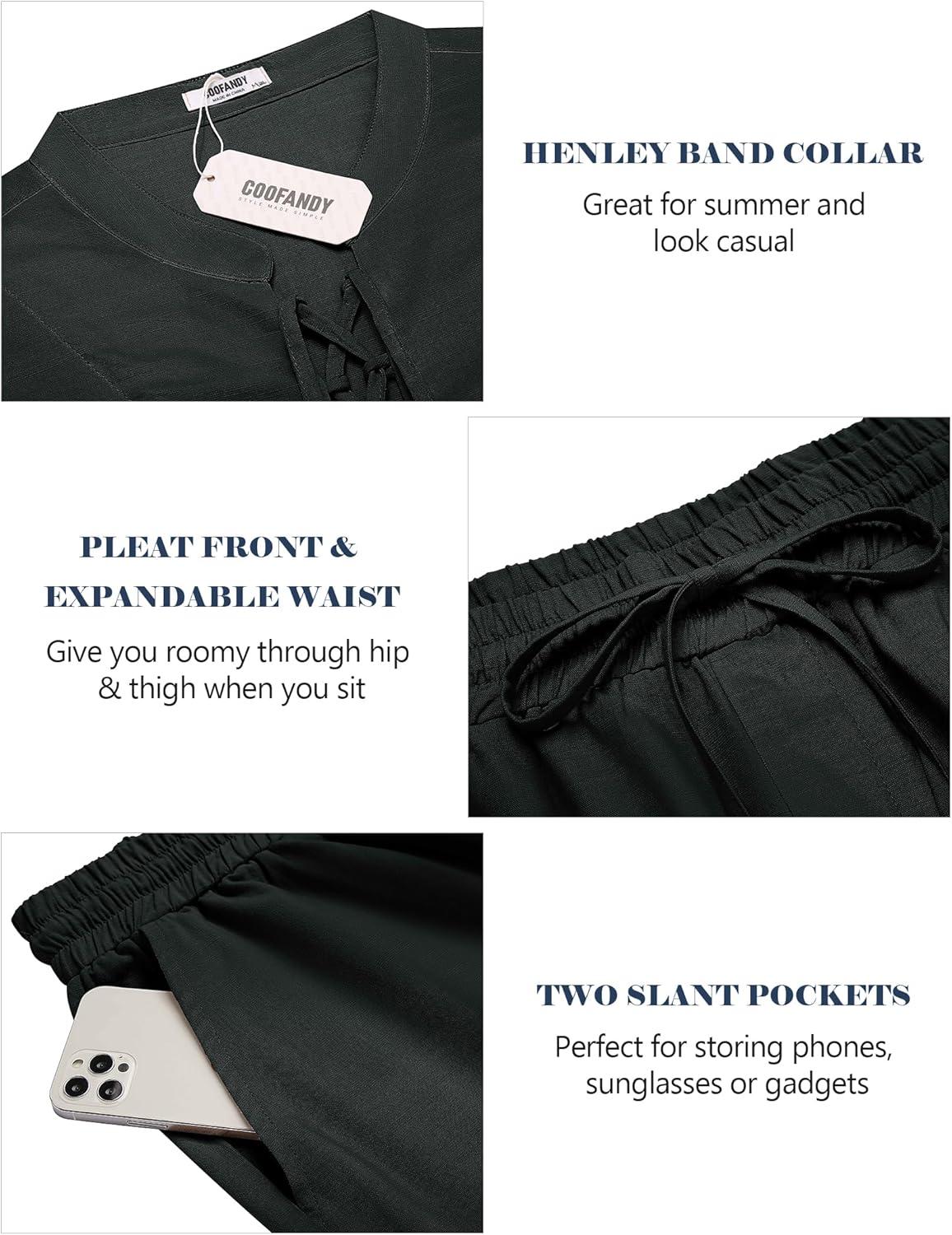 imageCOOFANDY Mens Linen Sets 2 Piece Beach Outfits Lace Up Hippie Tank Tops Summer Casual Sleeveless Shirts Matching Shorts SetBlack