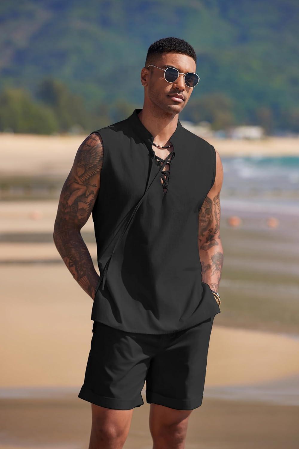 imageCOOFANDY Mens Linen Sets 2 Piece Beach Outfits Lace Up Hippie Tank Tops Summer Casual Sleeveless Shirts Matching Shorts SetBlack
