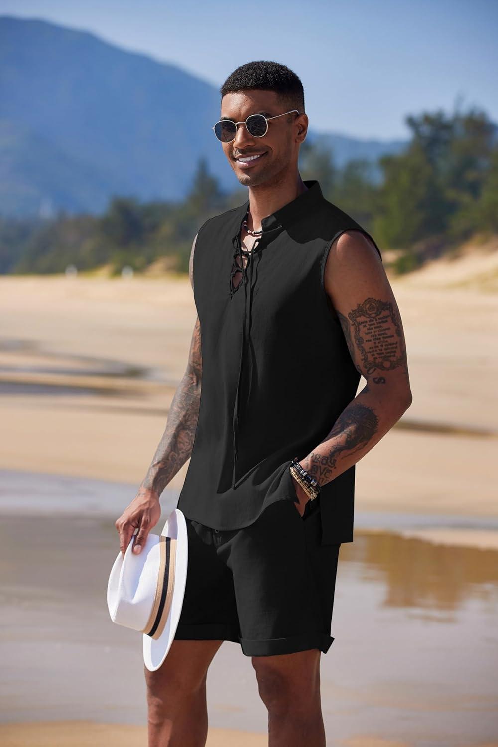 imageCOOFANDY Mens Linen Sets 2 Piece Beach Outfits Lace Up Hippie Tank Tops Summer Casual Sleeveless Shirts Matching Shorts SetBlack