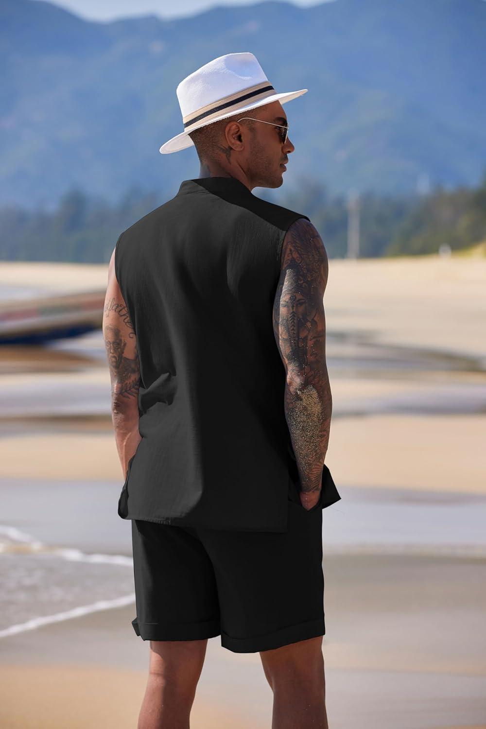 imageCOOFANDY Mens Linen Sets 2 Piece Beach Outfits Lace Up Hippie Tank Tops Summer Casual Sleeveless Shirts Matching Shorts SetBlack