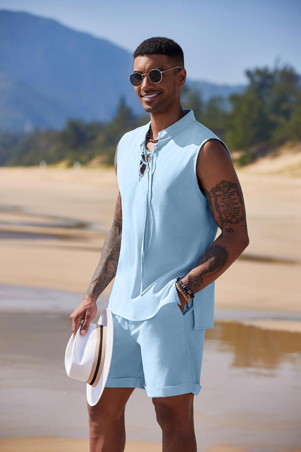 imageCOOFANDY Mens Linen Sets 2 Piece Beach Outfits Lace Up Hippie Tank Tops Summer Casual Sleeveless Shirts Matching Shorts SetBlue