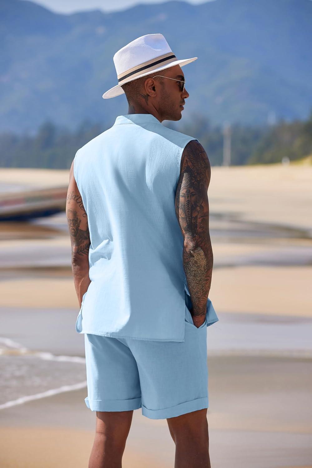 imageCOOFANDY Mens Linen Sets 2 Piece Beach Outfits Lace Up Hippie Tank Tops Summer Casual Sleeveless Shirts Matching Shorts SetBlue