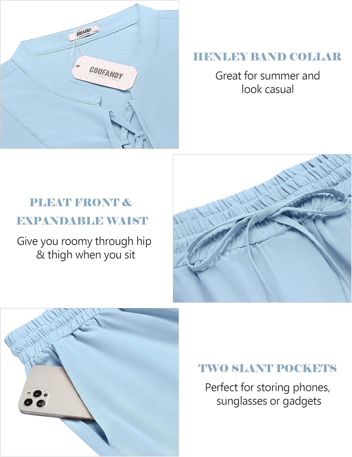 imageCOOFANDY Mens Linen Sets 2 Piece Beach Outfits Lace Up Hippie Tank Tops Summer Casual Sleeveless Shirts Matching Shorts SetBlue