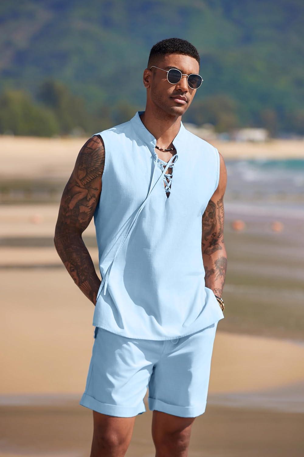 imageCOOFANDY Mens Linen Sets 2 Piece Beach Outfits Lace Up Hippie Tank Tops Summer Casual Sleeveless Shirts Matching Shorts SetBlue