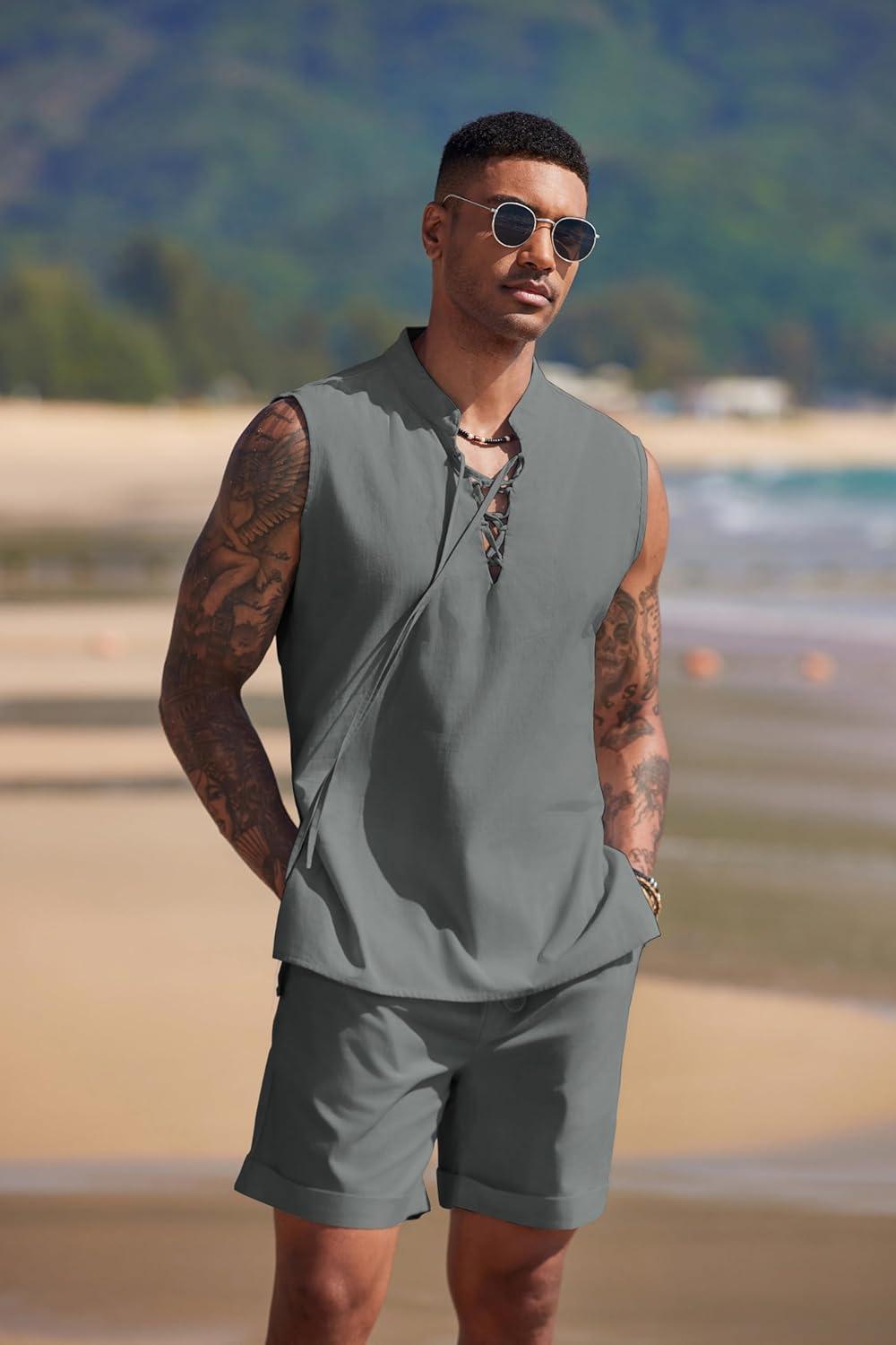 imageCOOFANDY Mens Linen Sets 2 Piece Beach Outfits Lace Up Hippie Tank Tops Summer Casual Sleeveless Shirts Matching Shorts SetDark Grey