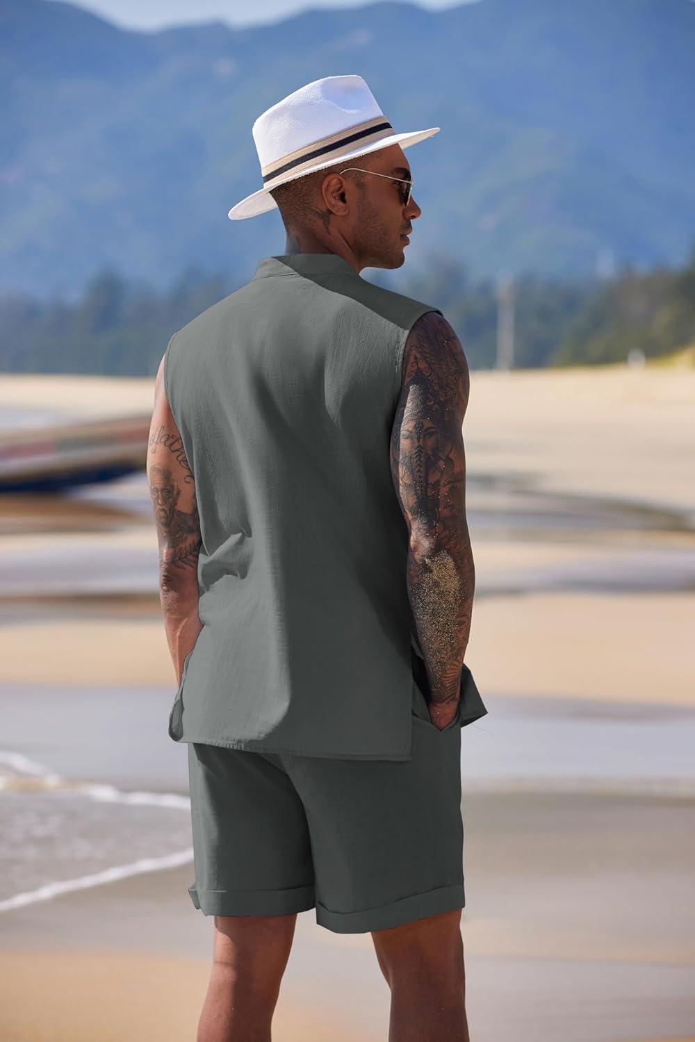 imageCOOFANDY Mens Linen Sets 2 Piece Beach Outfits Lace Up Hippie Tank Tops Summer Casual Sleeveless Shirts Matching Shorts SetDark Grey