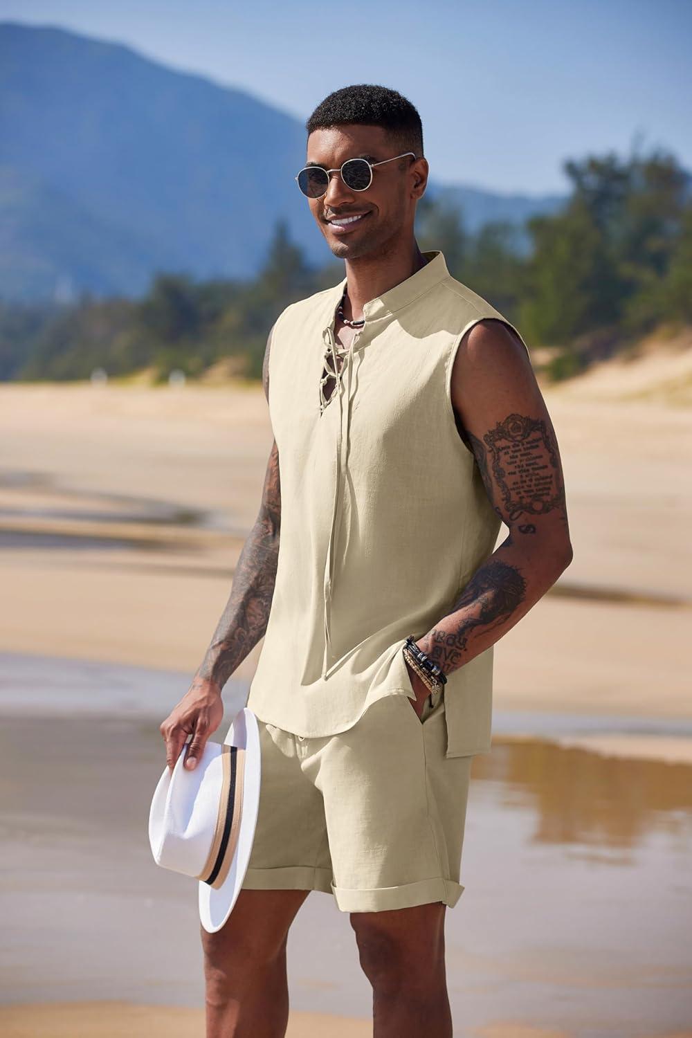 imageCOOFANDY Mens Linen Sets 2 Piece Beach Outfits Lace Up Hippie Tank Tops Summer Casual Sleeveless Shirts Matching Shorts SetKhaki
