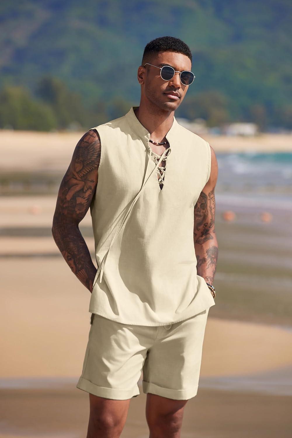 imageCOOFANDY Mens Linen Sets 2 Piece Beach Outfits Lace Up Hippie Tank Tops Summer Casual Sleeveless Shirts Matching Shorts SetKhaki