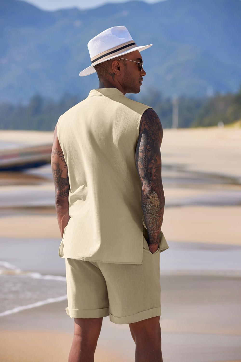 imageCOOFANDY Mens Linen Sets 2 Piece Beach Outfits Lace Up Hippie Tank Tops Summer Casual Sleeveless Shirts Matching Shorts SetKhaki