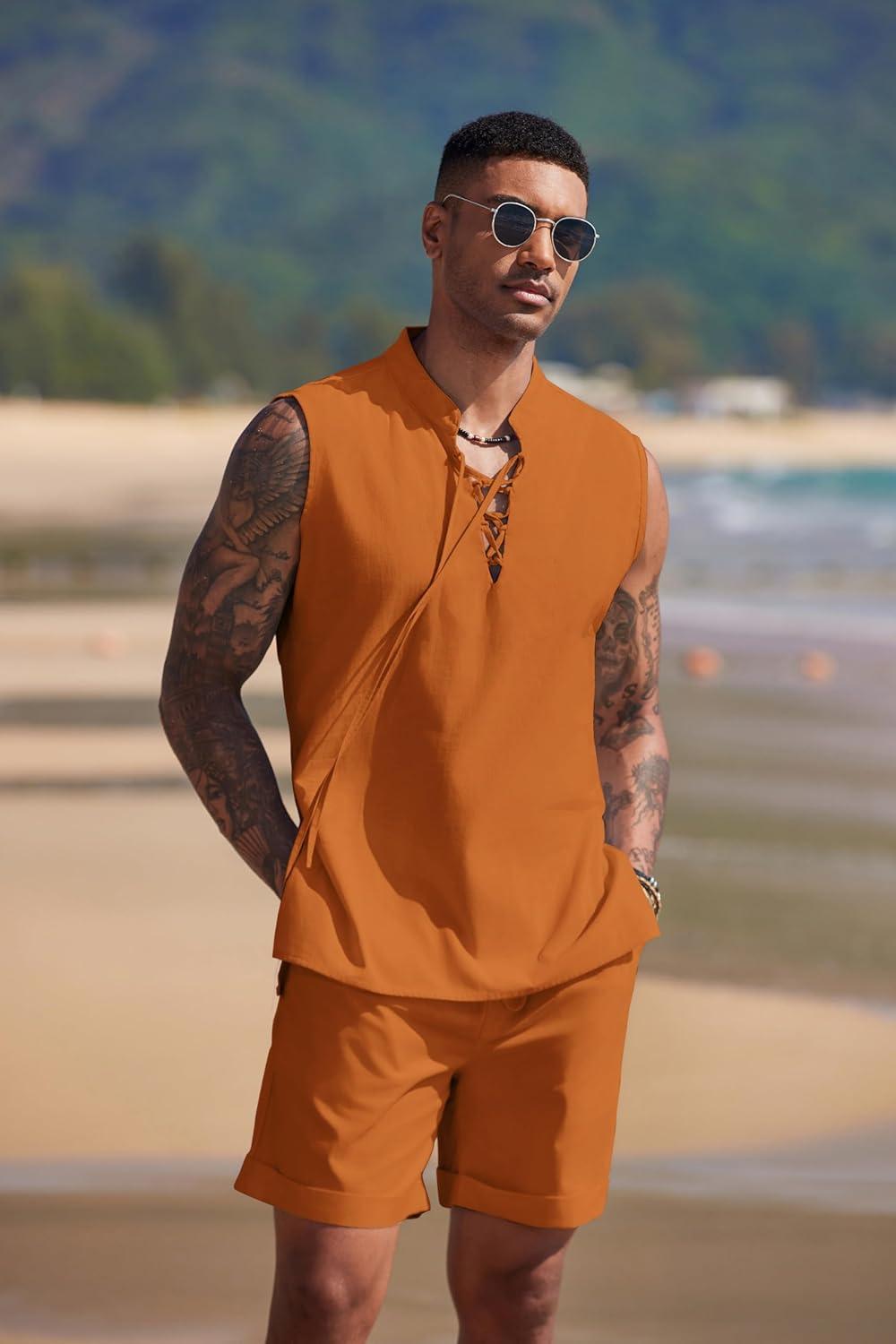 imageCOOFANDY Mens Linen Sets 2 Piece Beach Outfits Lace Up Hippie Tank Tops Summer Casual Sleeveless Shirts Matching Shorts SetOrange