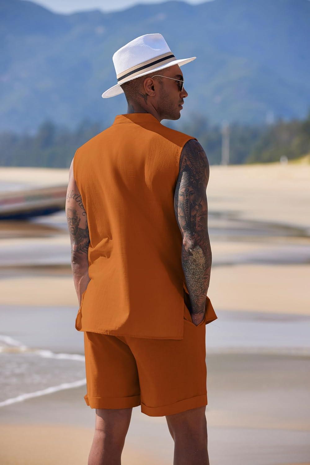 imageCOOFANDY Mens Linen Sets 2 Piece Beach Outfits Lace Up Hippie Tank Tops Summer Casual Sleeveless Shirts Matching Shorts SetOrange