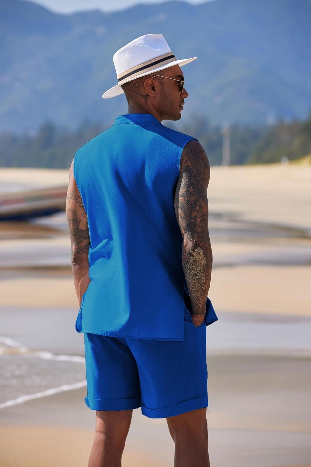 imageCOOFANDY Mens Linen Sets 2 Piece Beach Outfits Lace Up Hippie Tank Tops Summer Casual Sleeveless Shirts Matching Shorts SetRoyal Blue