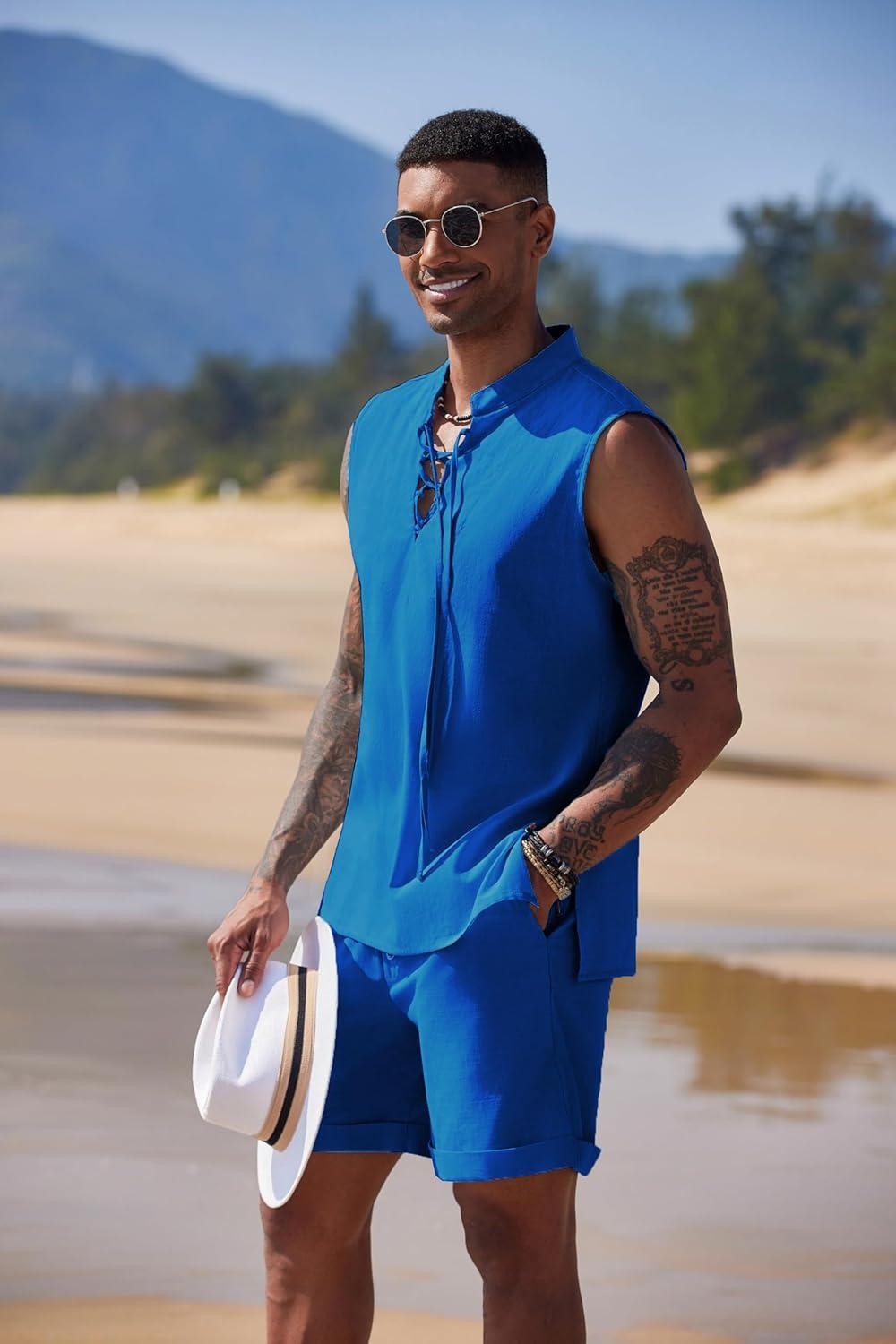 imageCOOFANDY Mens Linen Sets 2 Piece Beach Outfits Lace Up Hippie Tank Tops Summer Casual Sleeveless Shirts Matching Shorts SetRoyal Blue