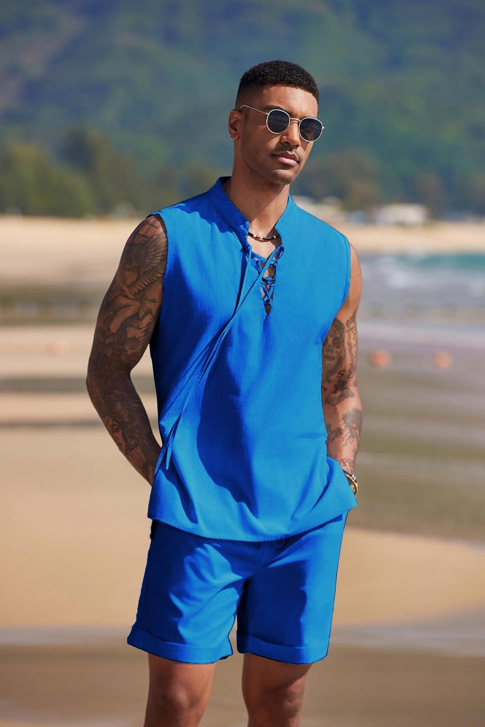 imageCOOFANDY Mens Linen Sets 2 Piece Beach Outfits Lace Up Hippie Tank Tops Summer Casual Sleeveless Shirts Matching Shorts SetRoyal Blue