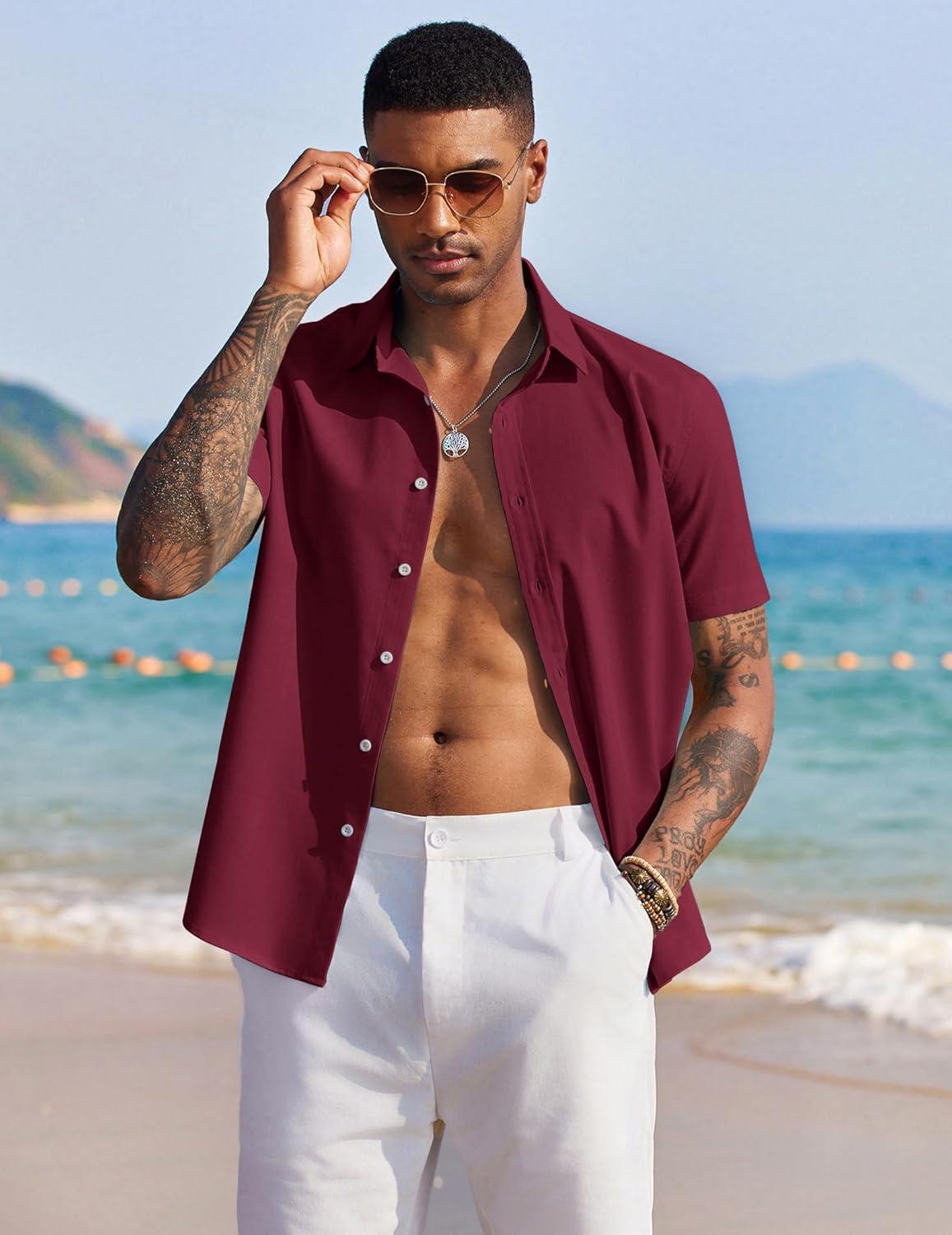 imageCOOFANDY Mens Linen Shirt Casual Short Sleeve Button Down Shirts Summer Beach Vacation TopsCrimson