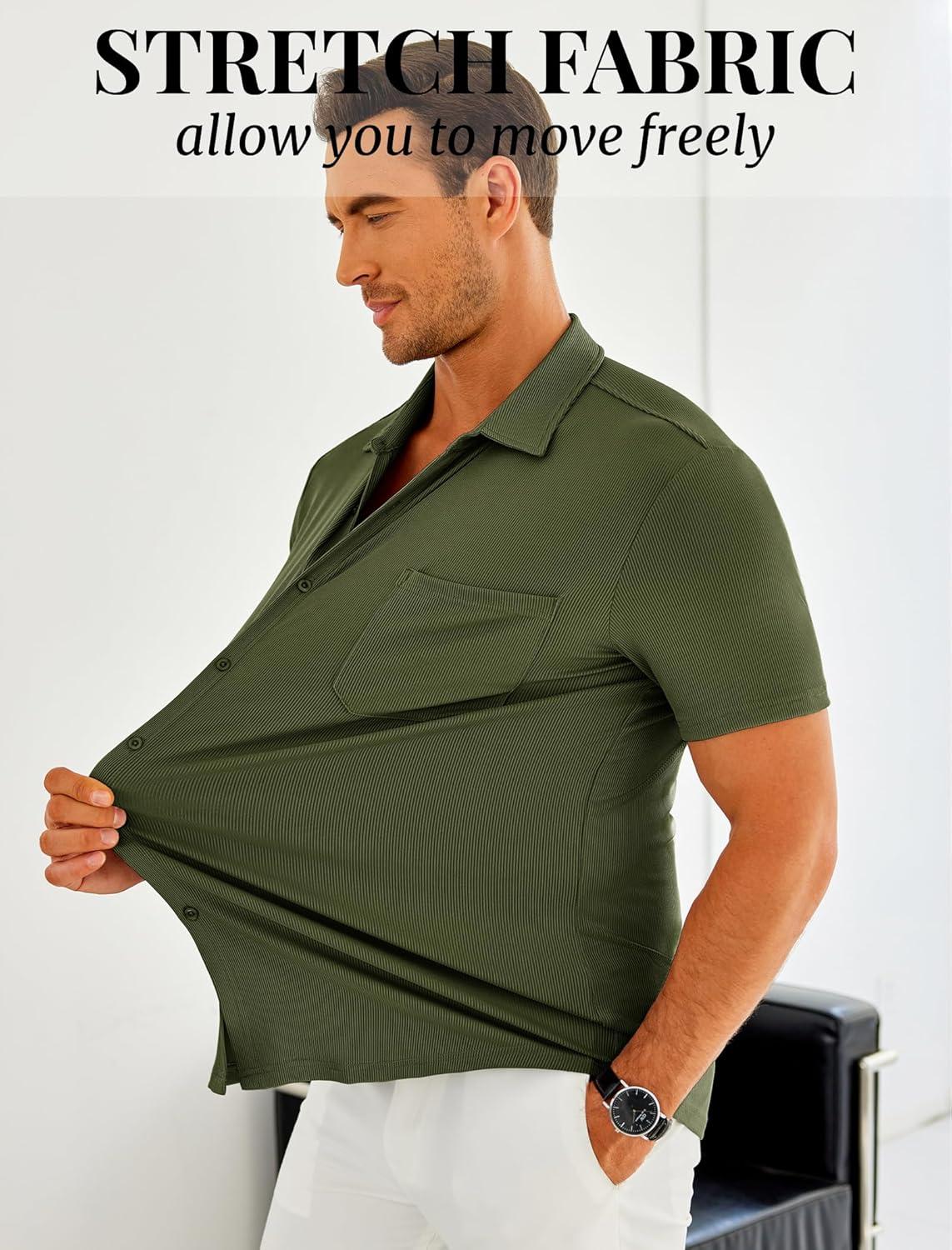 imageCOOFANDY Mens Linen Shirts Short Sleeve Casual Shirts Summer Beach Button Down Shirts with PocketArmygreen