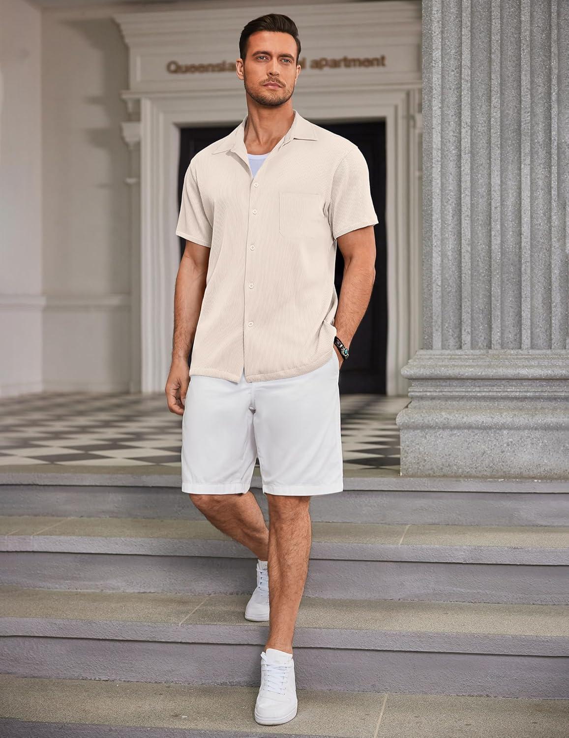 imageCOOFANDY Mens Linen Shirts Short Sleeve Casual Shirts Summer Beach Button Down Shirts with PocketCream