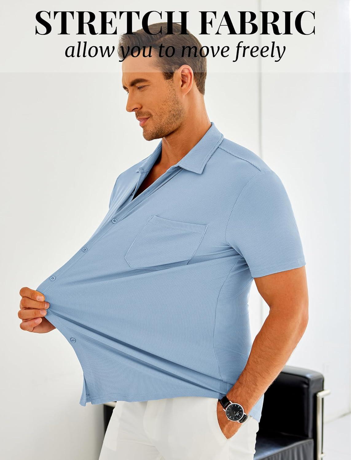 imageCOOFANDY Mens Linen Shirts Short Sleeve Casual Shirts Summer Beach Button Down Shirts with PocketLight Blue