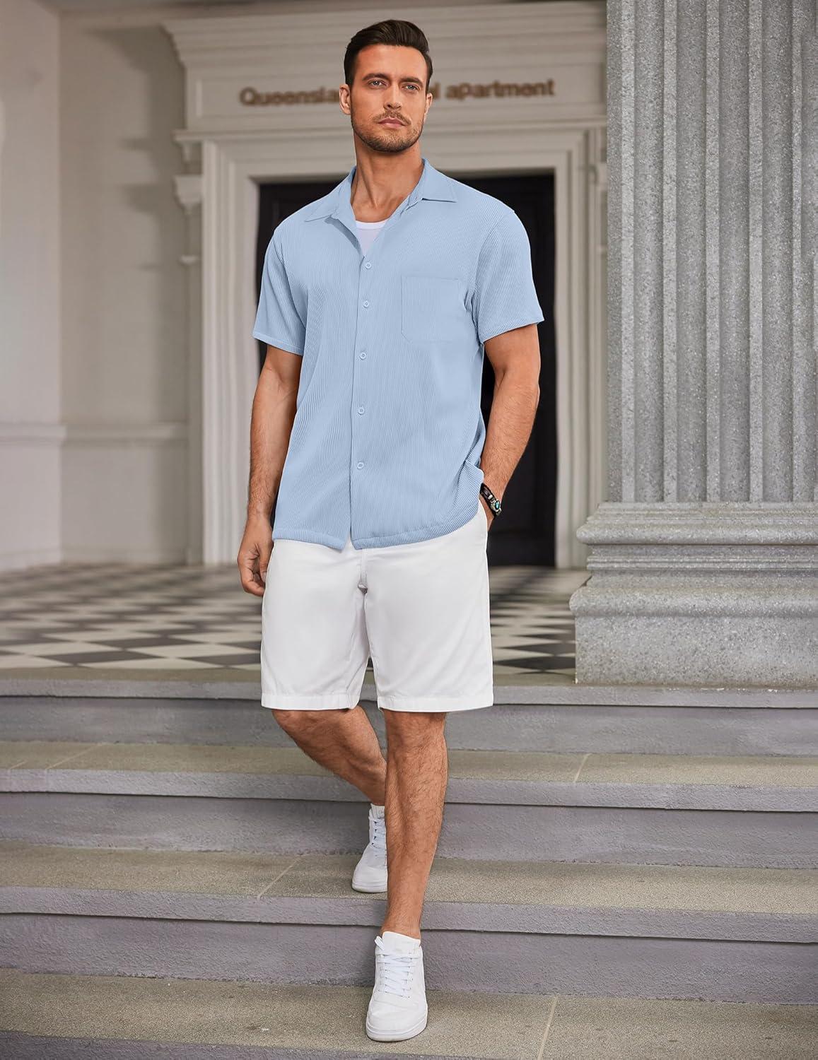 imageCOOFANDY Mens Linen Shirts Short Sleeve Casual Shirts Summer Beach Button Down Shirts with PocketLight Blue