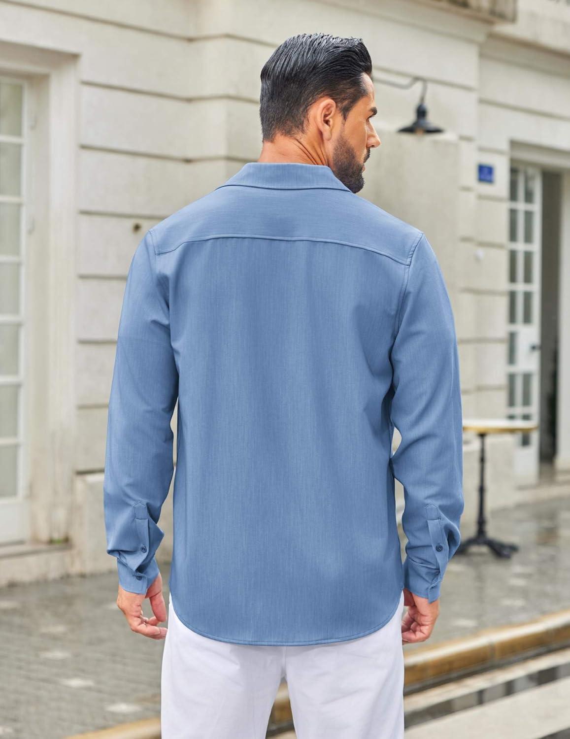 imageCOOFANDY Mens Long Sleeve Button Down Shirt Casual Lightweight Shacket Spring Fall Shirt Jacket Overshirt with PocketsLight Blue