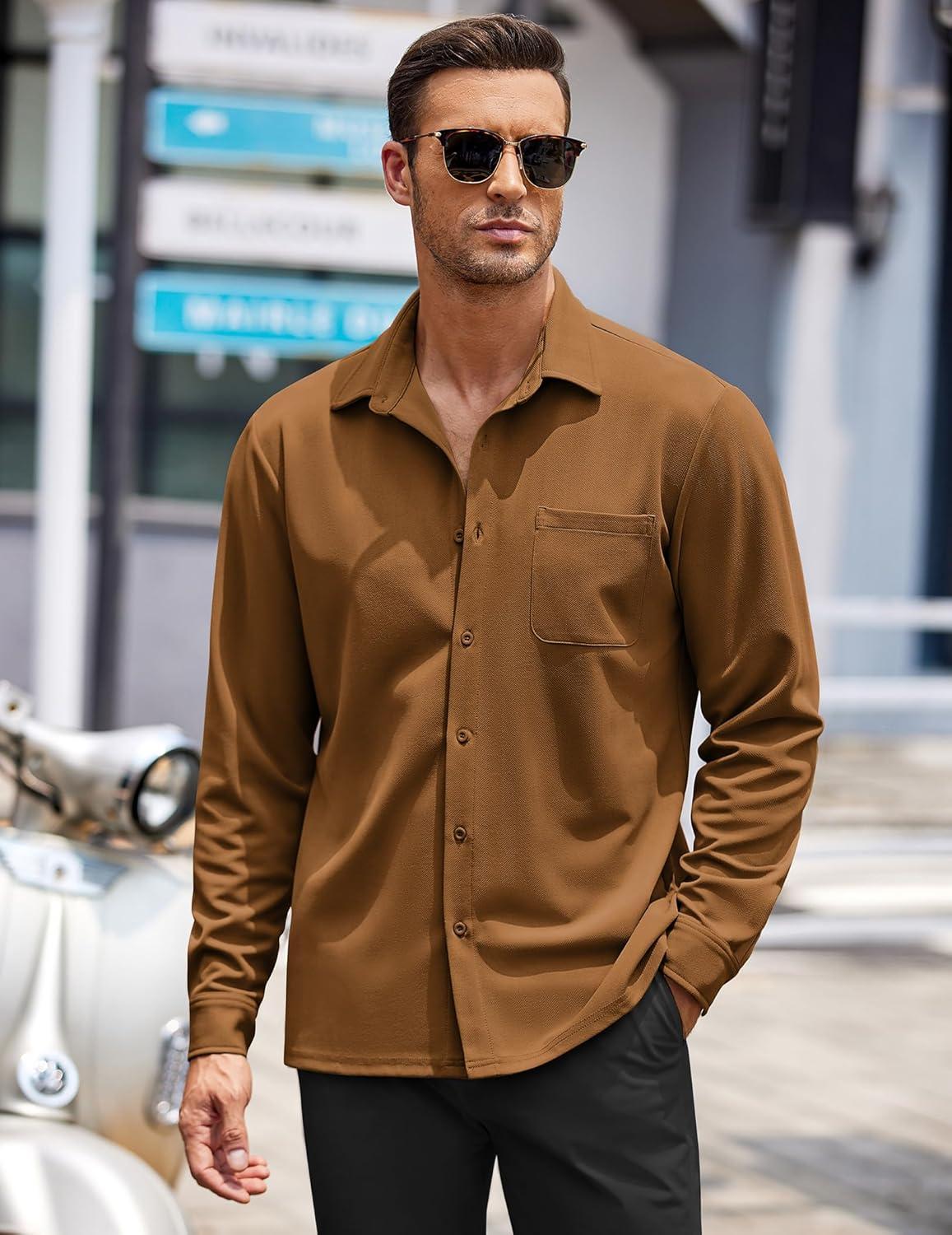 imageCOOFANDY Mens Long Sleeve Button Down Shirts Wrinkle Free Untucked Shirts Casual Dress Shirt for MenBrown