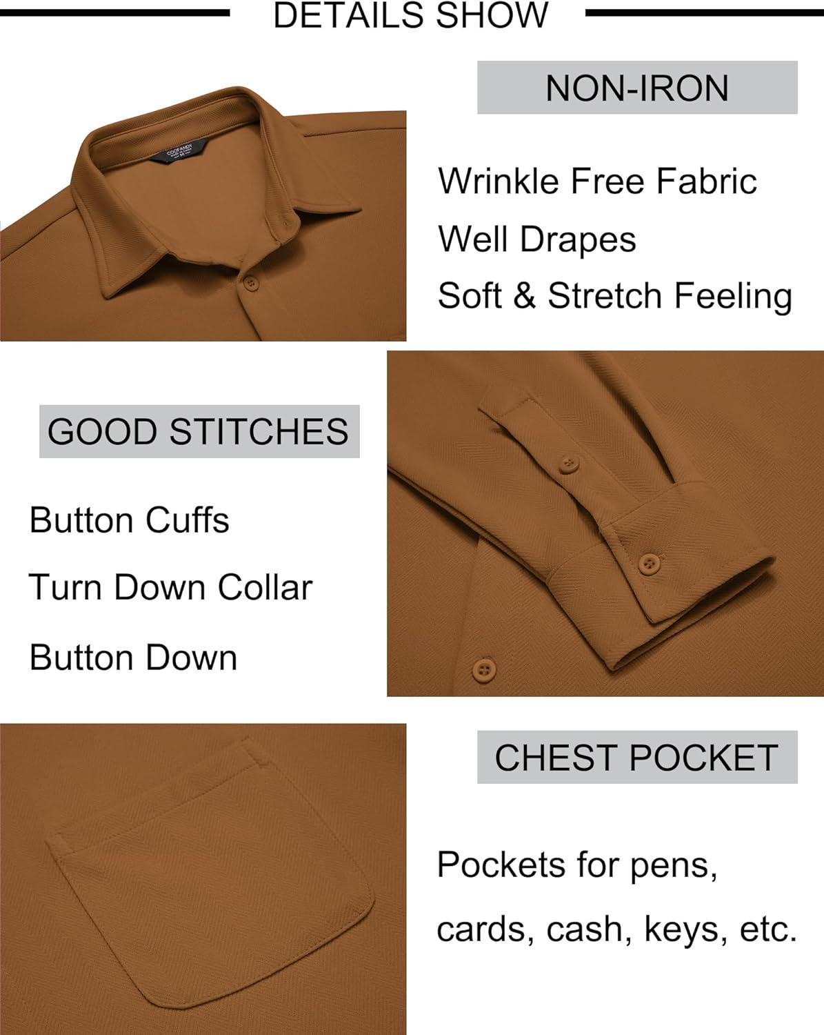 imageCOOFANDY Mens Long Sleeve Button Down Shirts Wrinkle Free Untucked Shirts Casual Dress Shirt for MenBrown