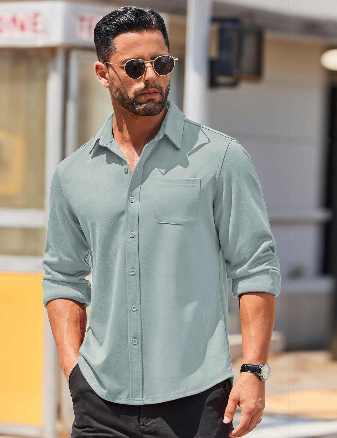 imageCOOFANDY Mens Long Sleeve Button Down Shirts Wrinkle Free Untucked Shirts Casual Dress Shirt for MenLight Blue