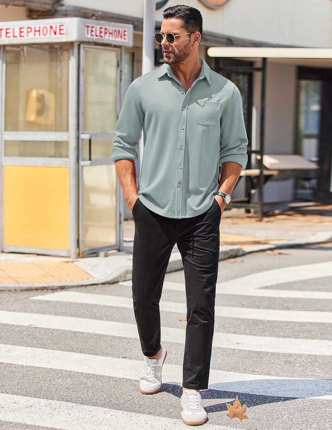 imageCOOFANDY Mens Long Sleeve Button Down Shirts Wrinkle Free Untucked Shirts Casual Dress Shirt for MenLight Blue