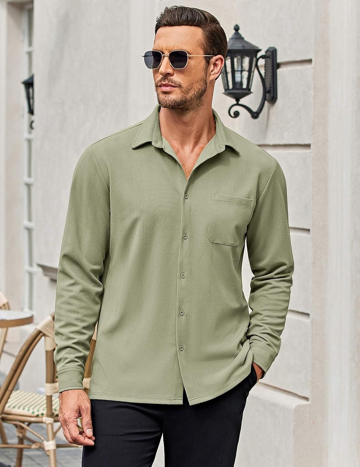 imageCOOFANDY Mens Long Sleeve Button Down Shirts Wrinkle Free Untucked Shirts Casual Dress Shirt for MenLight Green