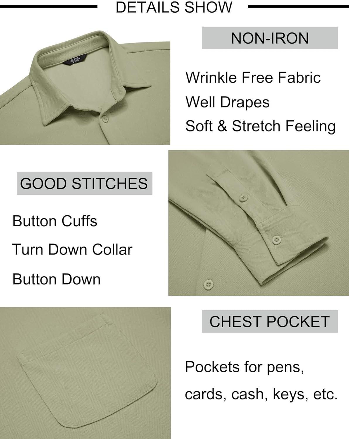 imageCOOFANDY Mens Long Sleeve Button Down Shirts Wrinkle Free Untucked Shirts Casual Dress Shirt for MenLight Green