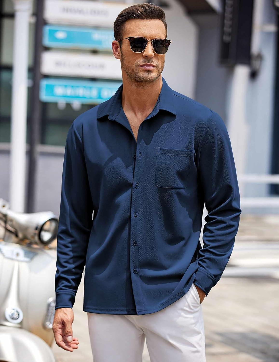 imageCOOFANDY Mens Long Sleeve Button Down Shirts Wrinkle Free Untucked Shirts Casual Dress Shirt for MenNavy Blue