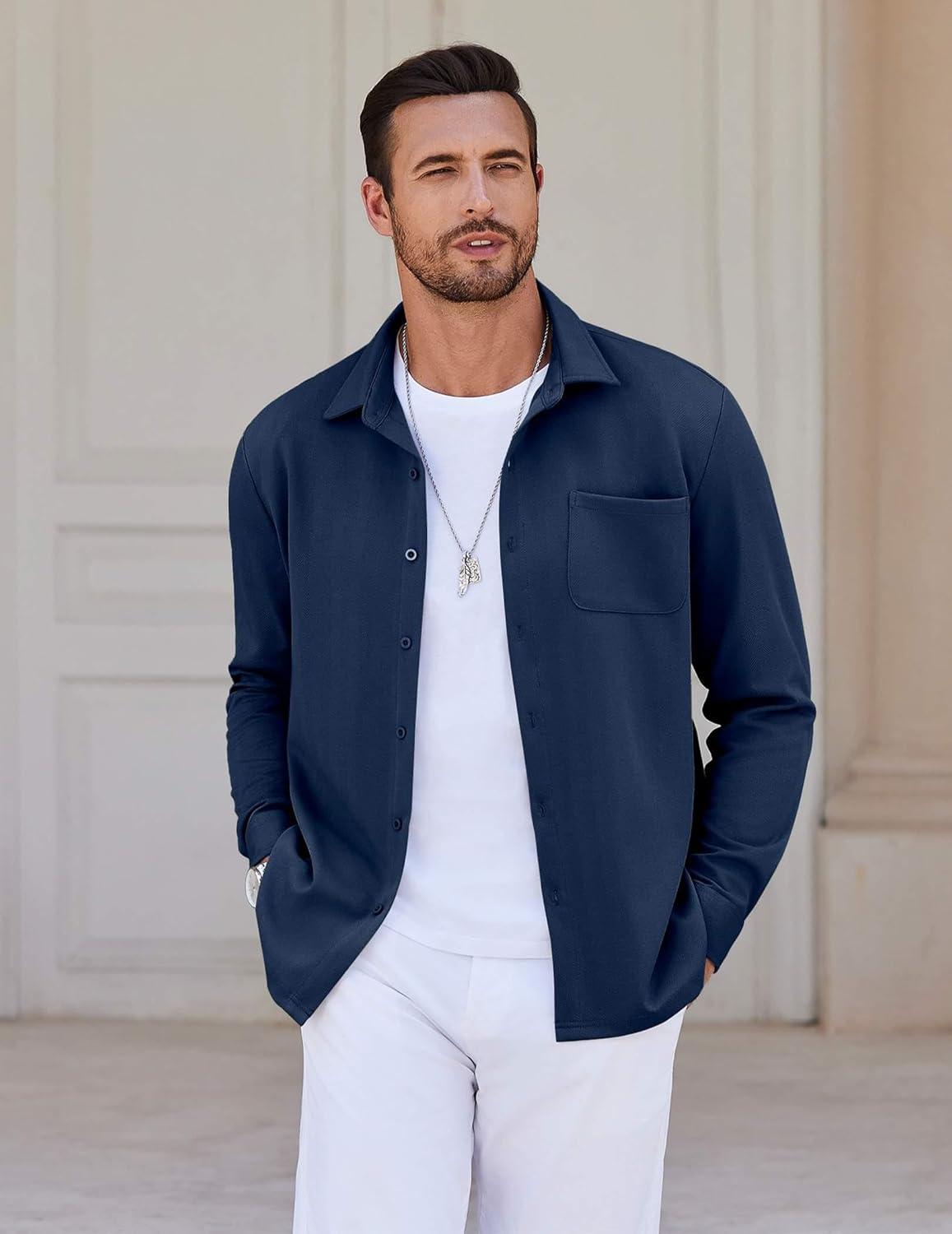 imageCOOFANDY Mens Long Sleeve Button Down Shirts Wrinkle Free Untucked Shirts Casual Dress Shirt for MenNavy Blue