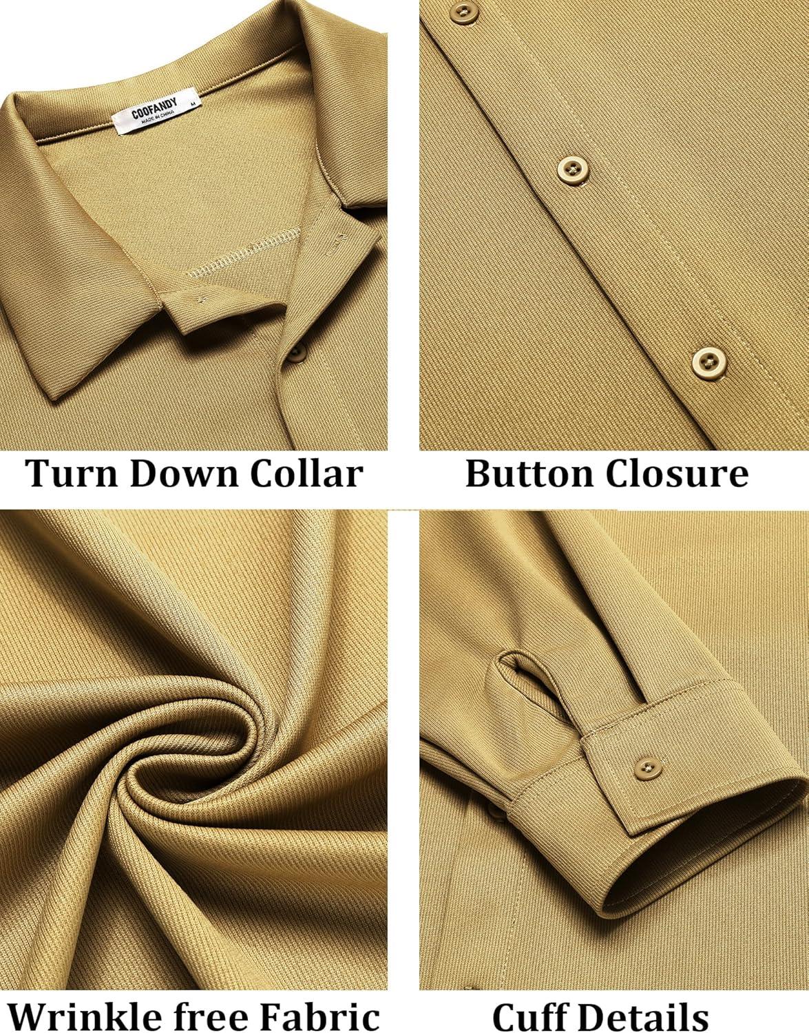 imageCOOFANDY Mens Long Sleeve Button Down Wrinkle Free Shirt Casual Untucked Stretch Dress ShirtsSesame