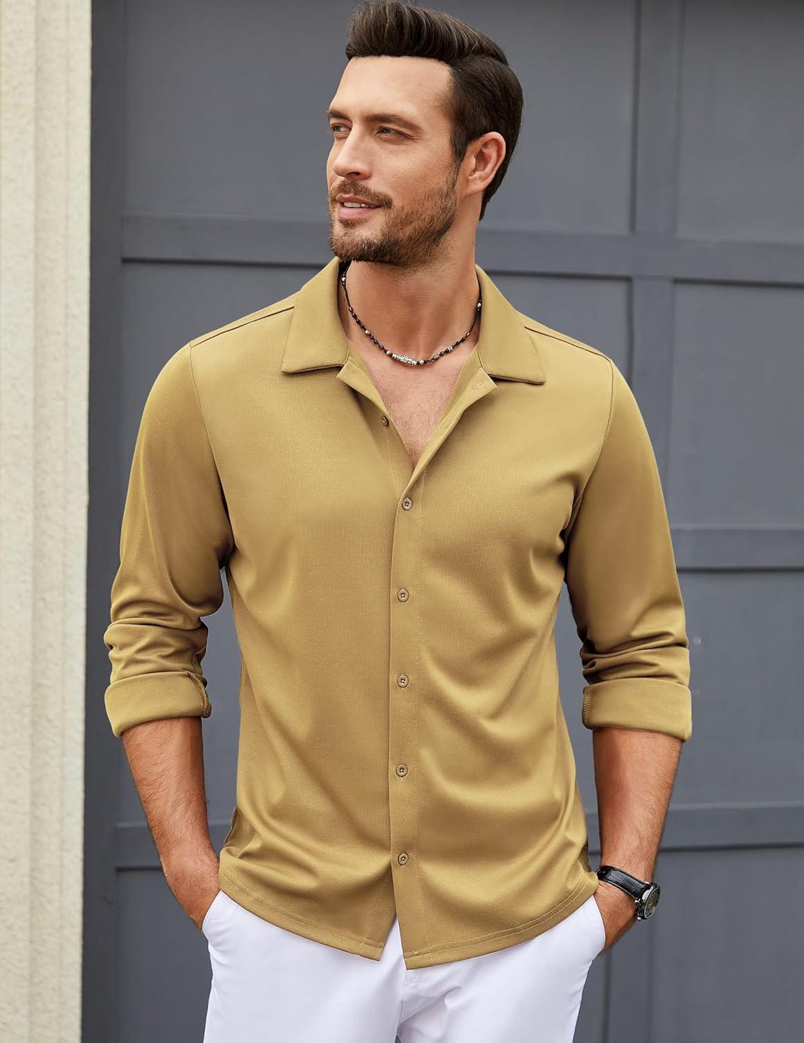 imageCOOFANDY Mens Long Sleeve Button Down Wrinkle Free Shirt Casual Untucked Stretch Dress ShirtsSesame