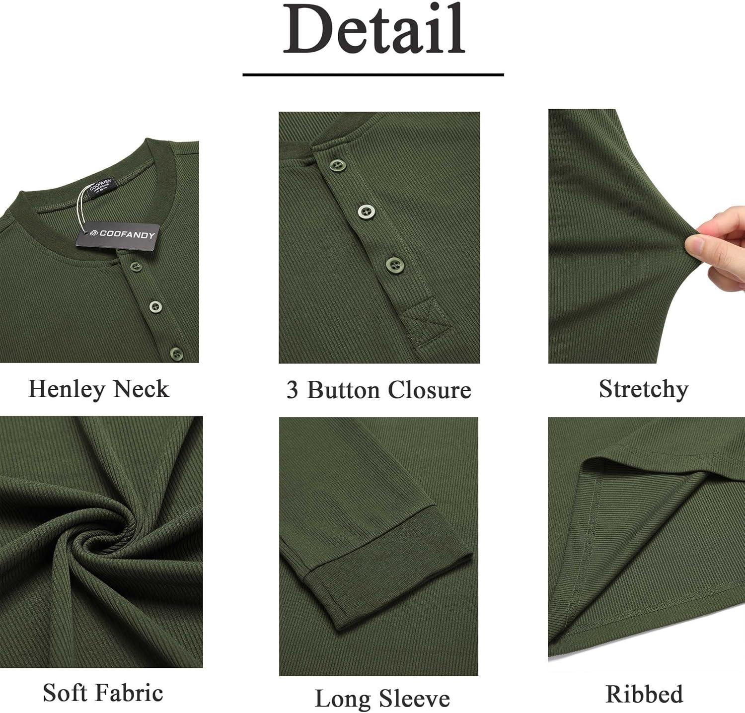 imageCOOFANDY Mens Long Sleeve Henley Shirts Stretch Ribbed TShirts Fashion Casual Basic TopsArmy Green