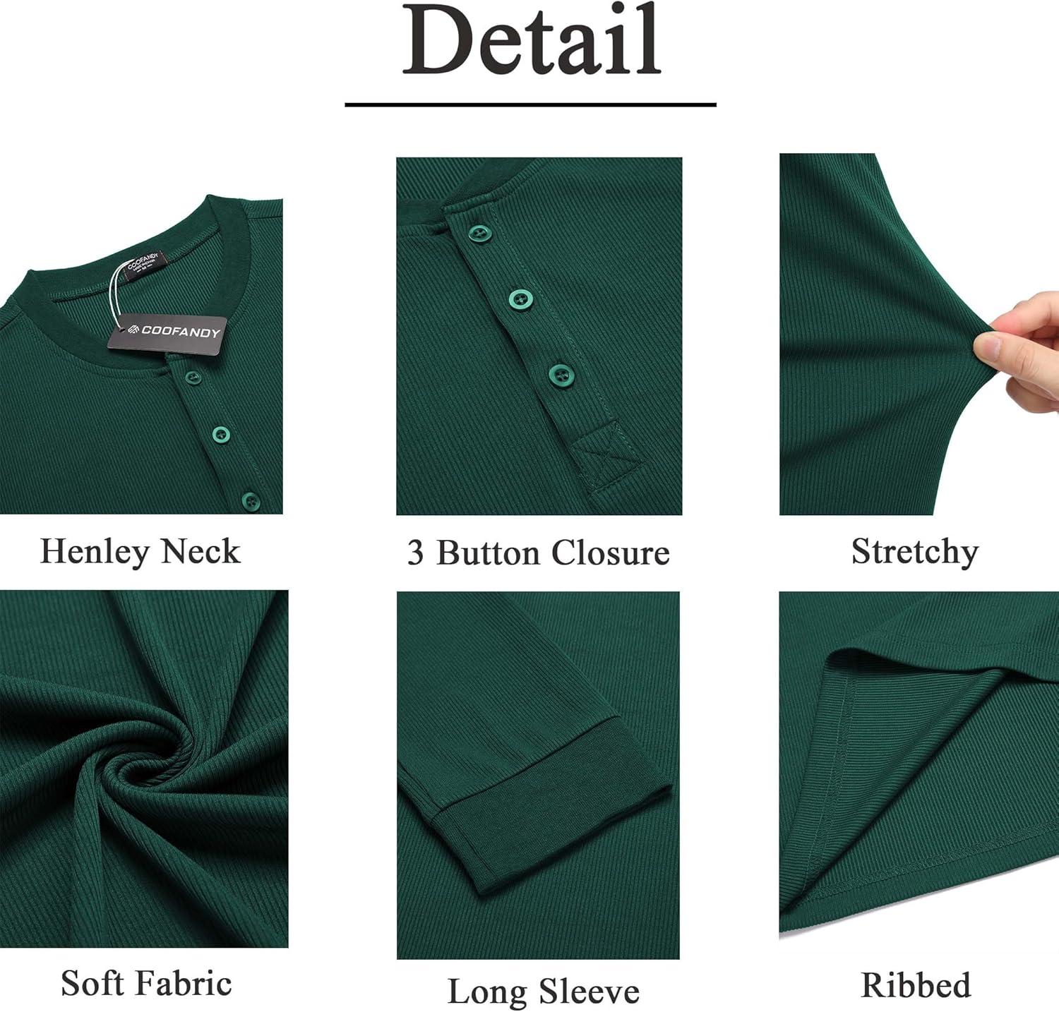 imageCOOFANDY Mens Long Sleeve Henley Shirts Stretch Ribbed TShirts Fashion Casual Basic TopsDark Green