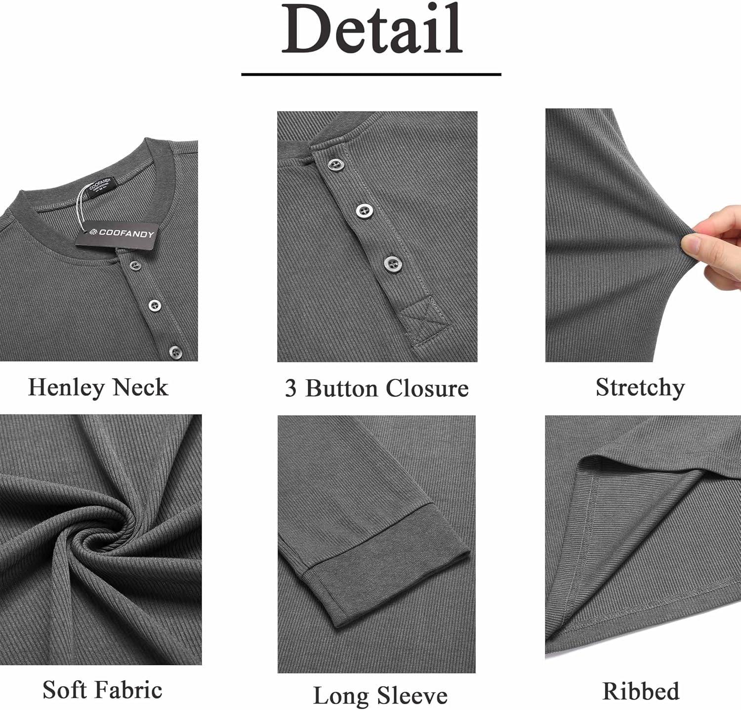 imageCOOFANDY Mens Long Sleeve Henley Shirts Stretch Ribbed TShirts Fashion Casual Basic TopsHeather Grey