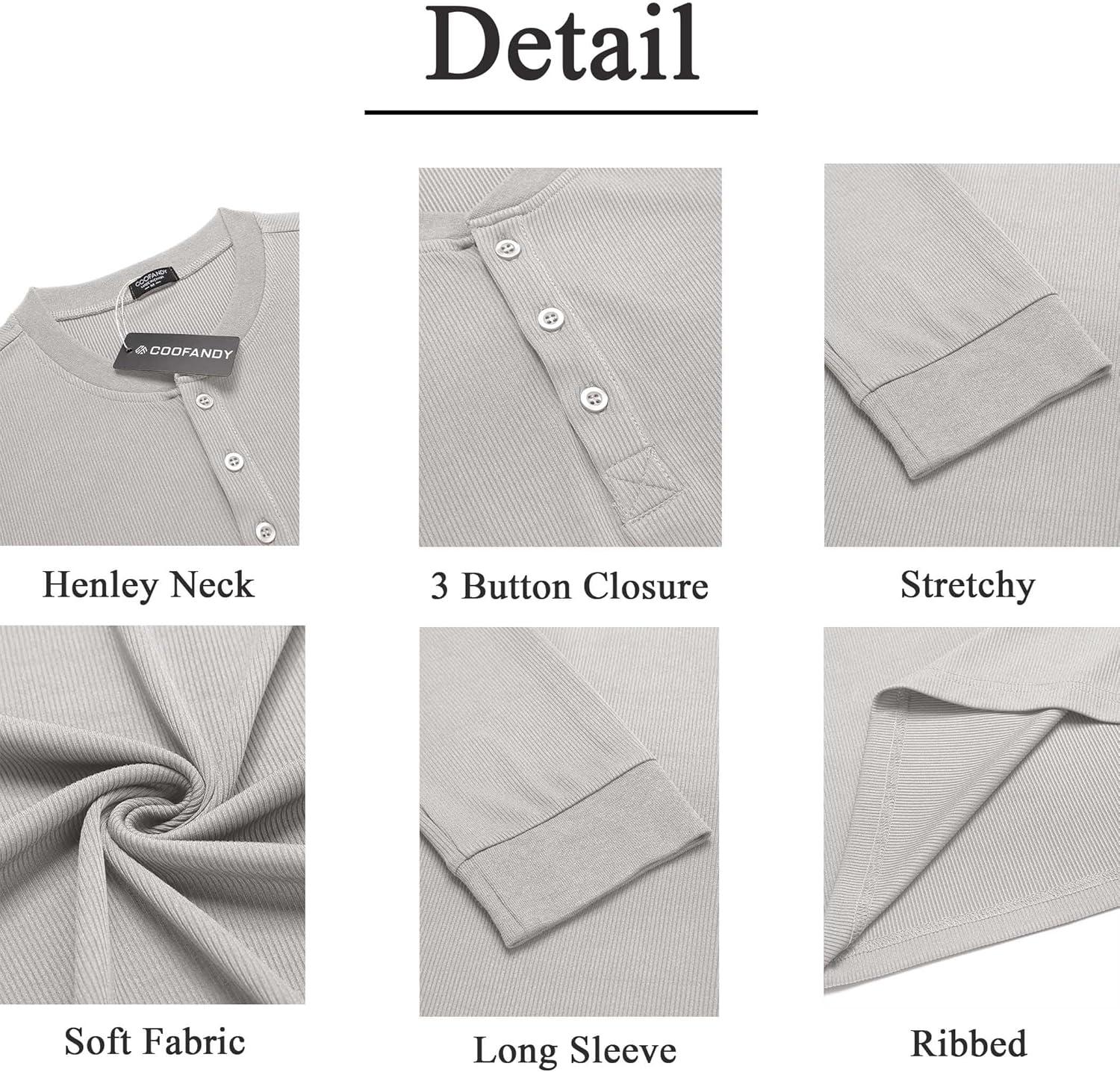 imageCOOFANDY Mens Long Sleeve Henley Shirts Stretch Ribbed TShirts Fashion Casual Basic TopsLight Grey