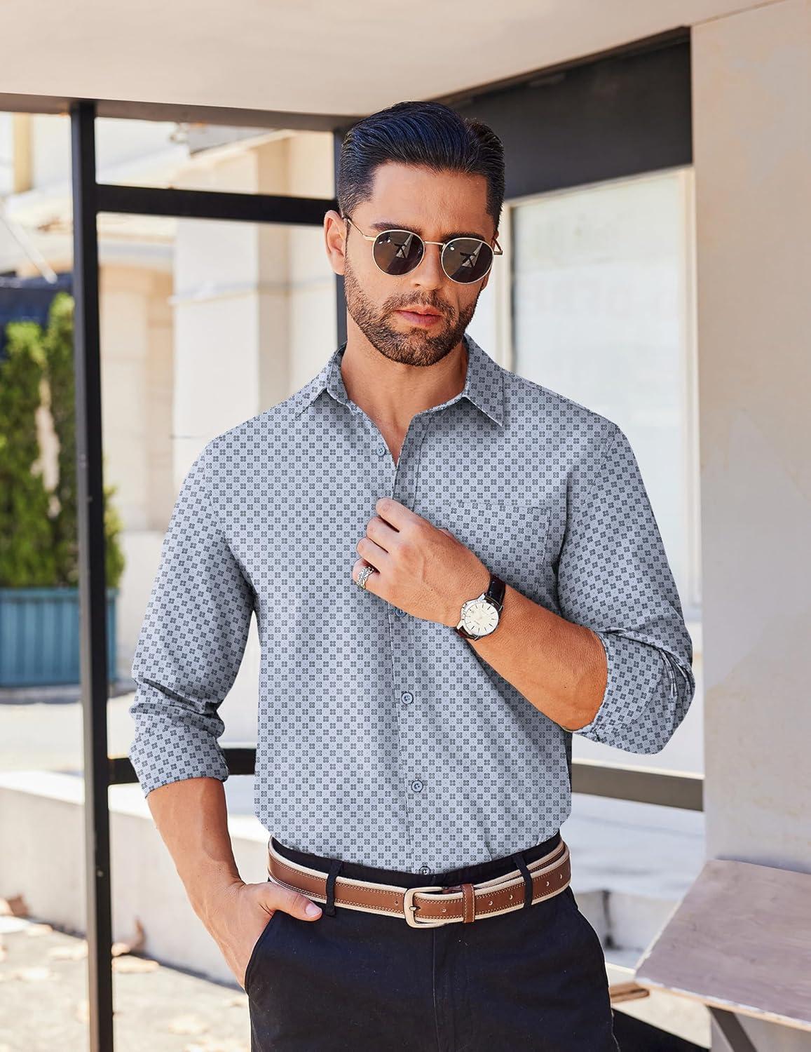 imageCOOFANDY Mens Long Sleeve Wrinkle Free Shirts Stretch Dress Shirts Regular Fit Button Down ShirtLight Bluediamond