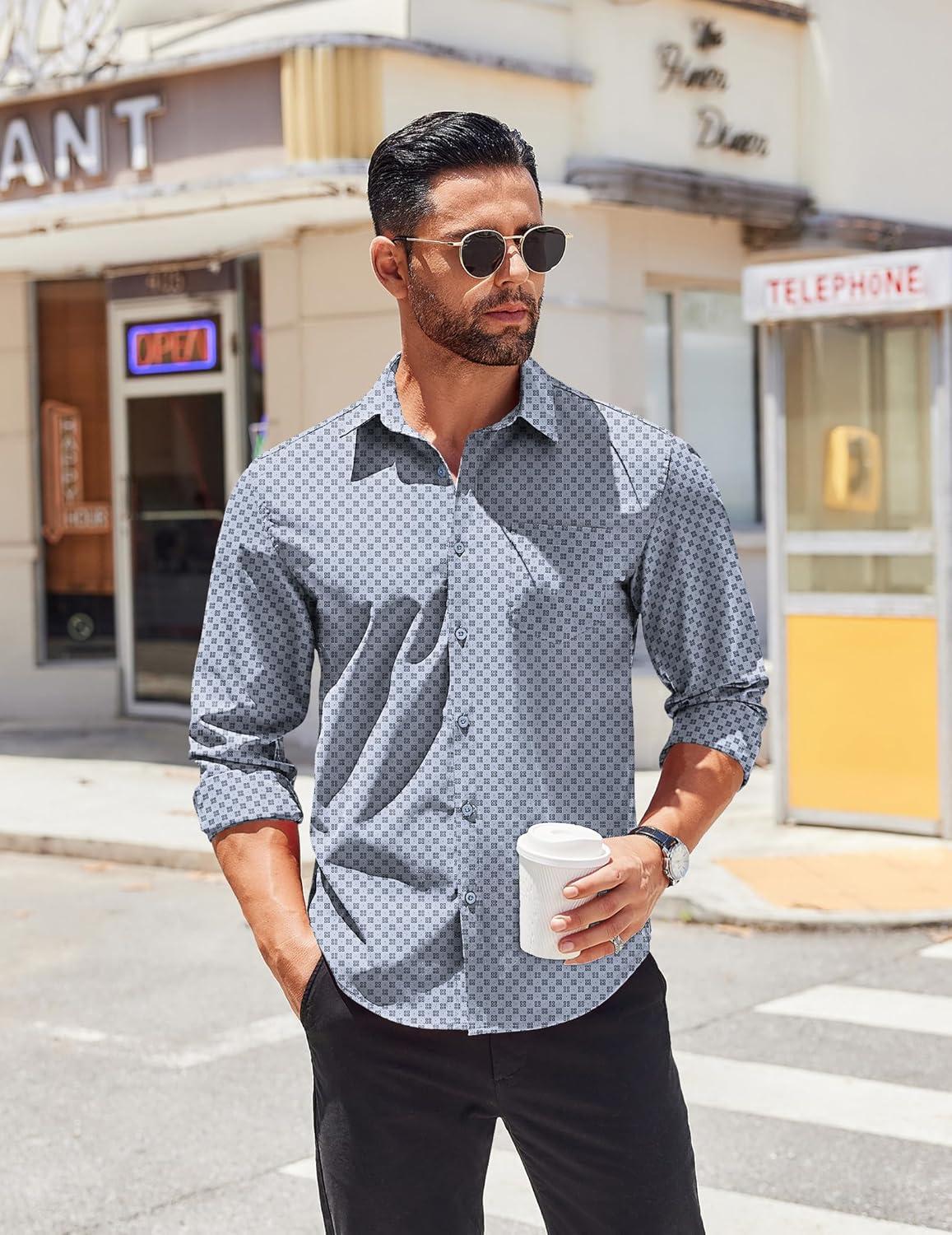 imageCOOFANDY Mens Long Sleeve Wrinkle Free Shirts Stretch Dress Shirts Regular Fit Button Down ShirtLight Bluediamond