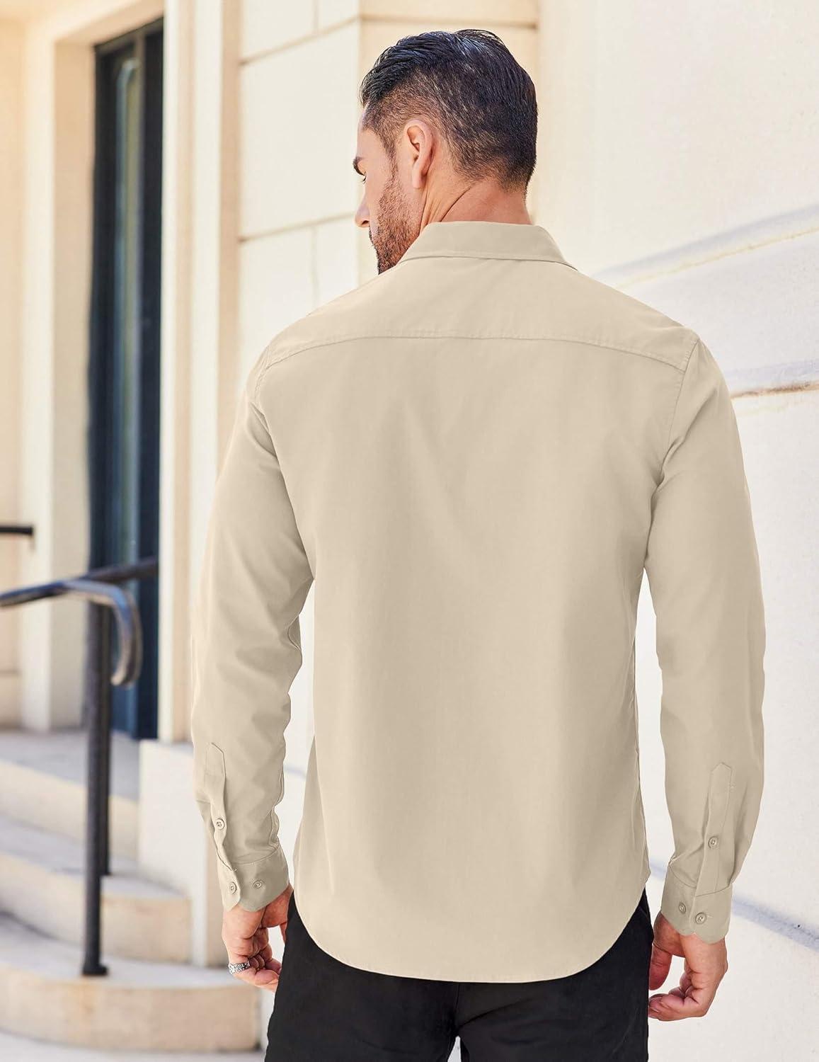 imageCOOFANDY Mens Long Sleeve Wrinkle Free Shirts Stretch Dress Shirts Regular Fit Button Down ShirtLight Khaki