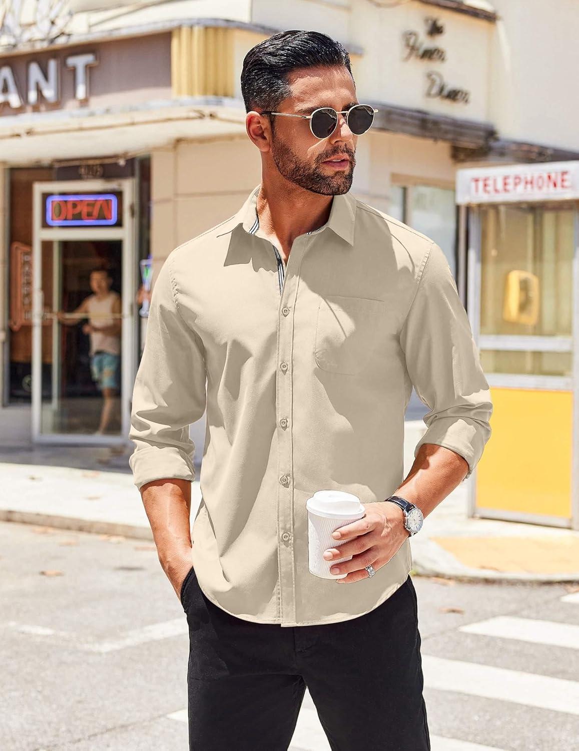 imageCOOFANDY Mens Long Sleeve Wrinkle Free Shirts Stretch Dress Shirts Regular Fit Button Down ShirtLight Khaki