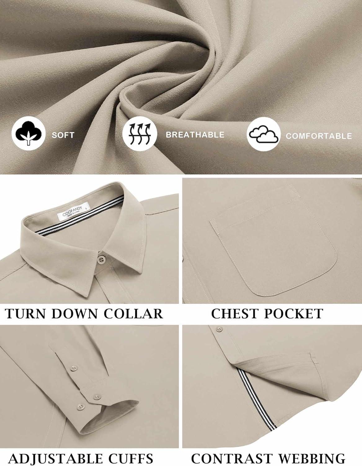 imageCOOFANDY Mens Long Sleeve Wrinkle Free Shirts Stretch Dress Shirts Regular Fit Button Down ShirtLight Khaki