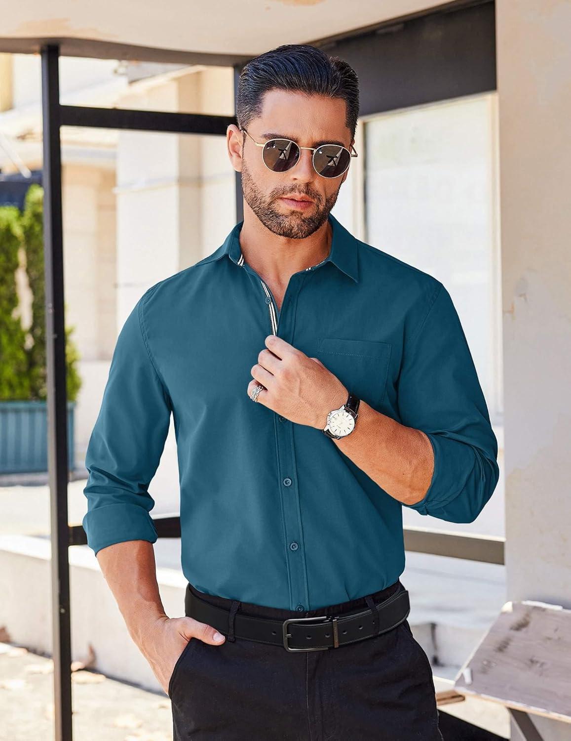 imageCOOFANDY Mens Long Sleeve Wrinkle Free Shirts Stretch Dress Shirts Regular Fit Button Down ShirtMidnight Blue