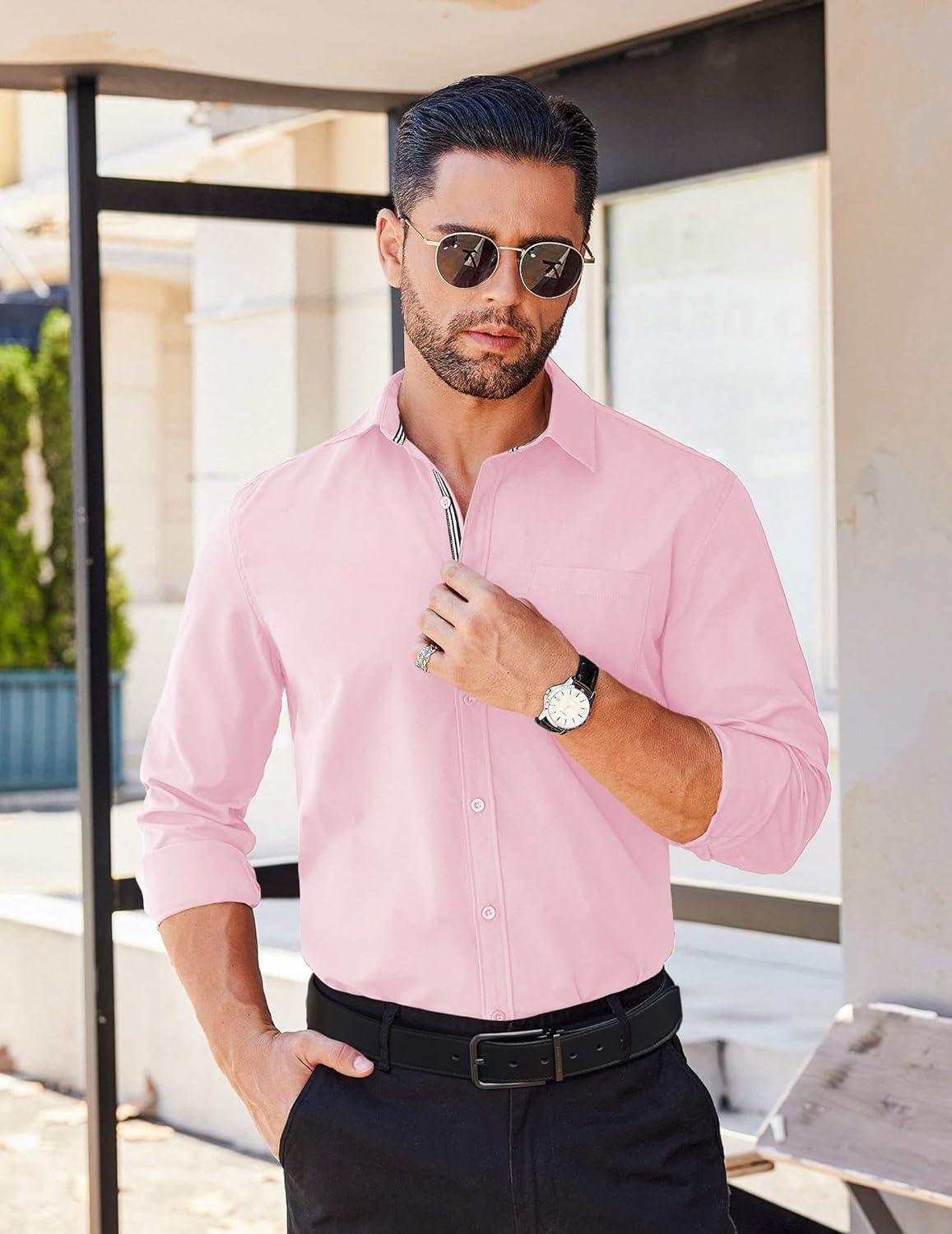 imageCOOFANDY Mens Long Sleeve Wrinkle Free Shirts Stretch Dress Shirts Regular Fit Button Down ShirtPink