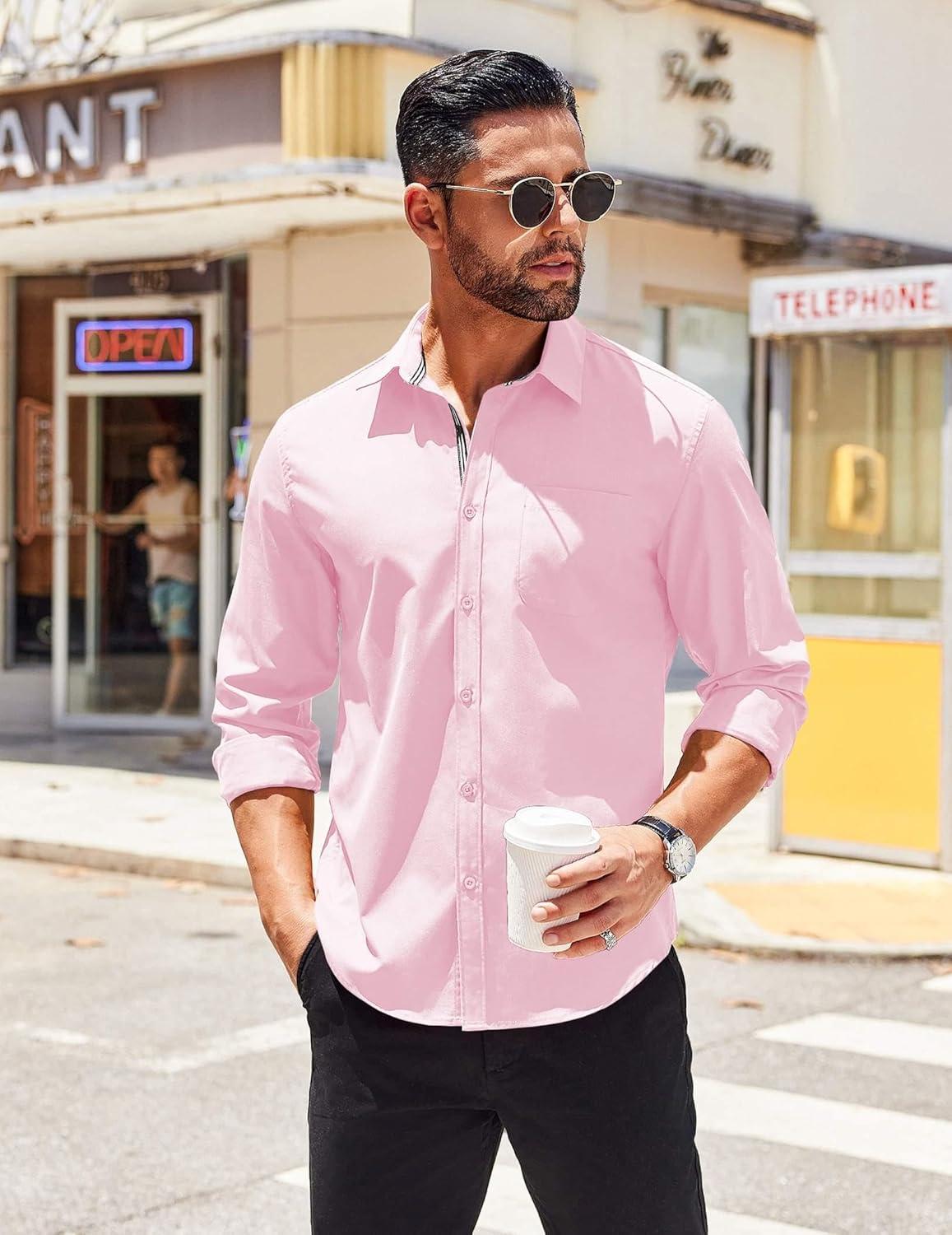 imageCOOFANDY Mens Long Sleeve Wrinkle Free Shirts Stretch Dress Shirts Regular Fit Button Down ShirtPink