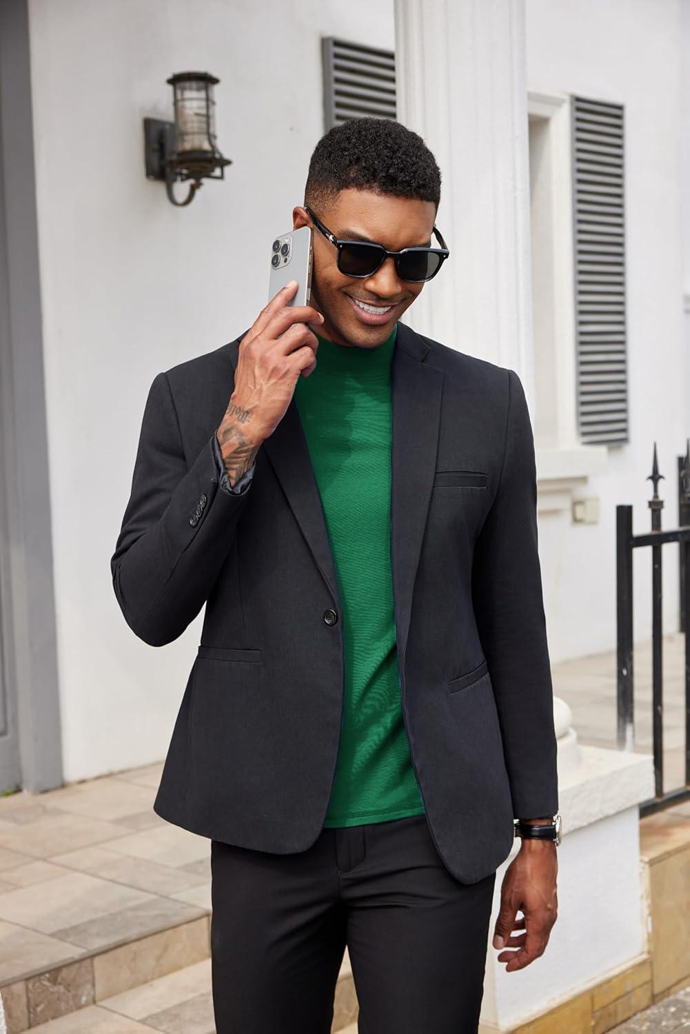 imageCOOFANDY Mens Mock Turtleneck Shirts Casual Premium Cotton Short Sleeve Shirt 2025 Basic Half Neck TShirtsGreen