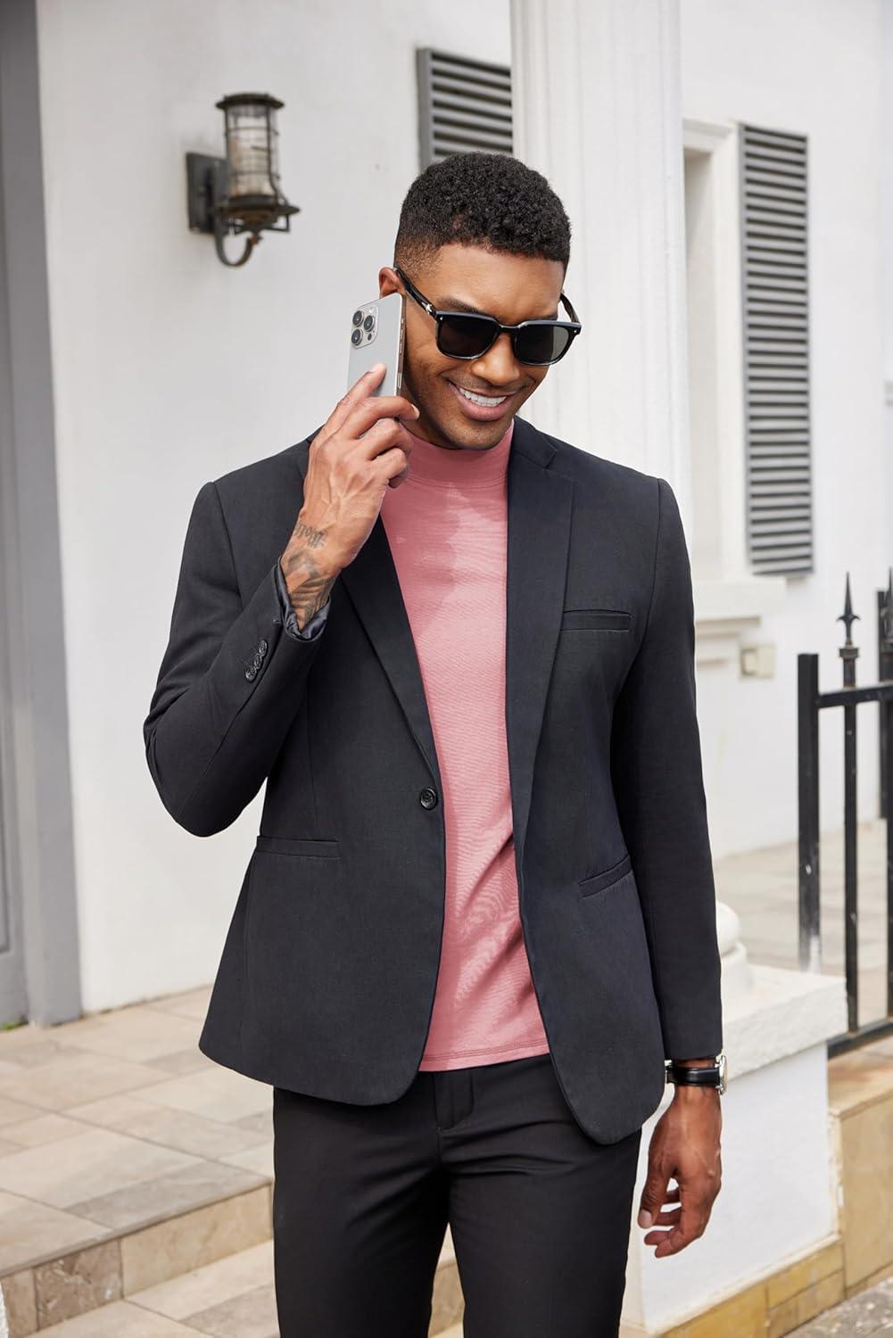 imageCOOFANDY Mens Mock Turtleneck Shirts Casual Premium Cotton Short Sleeve Shirt 2025 Basic Half Neck TShirtsPink